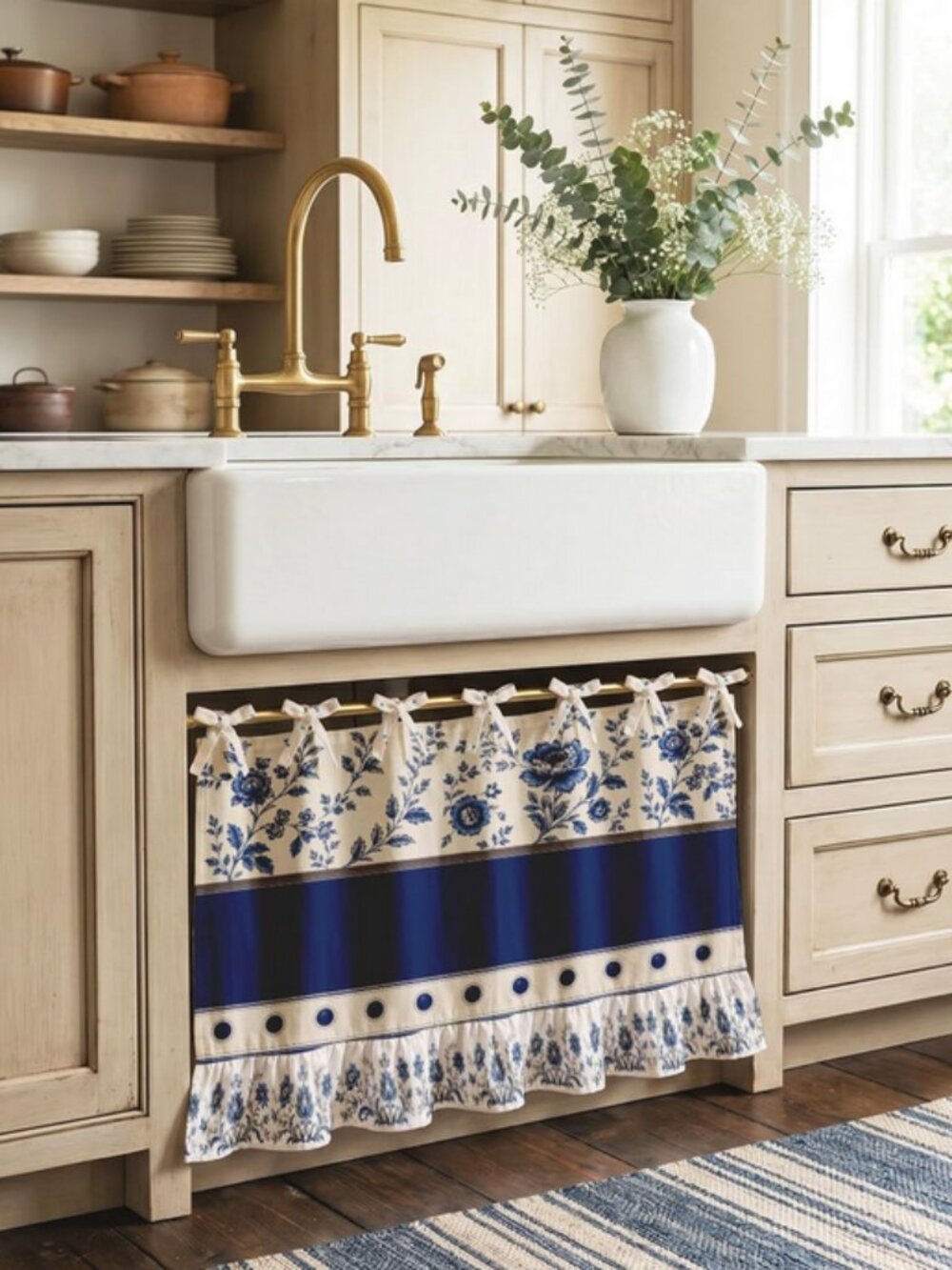 Blue French Oven Skirt Curtain for Farmhouse Kitchen Decor Vintage Country Flora